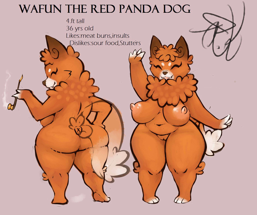 breasts butt canine chest_tuft dog english_text eyes_closed fangs female fur hi_res looking_back mammal model_sheet nipples nude orange_fur pipe pussy smile smoke solo text tuft wafun waving wolflance