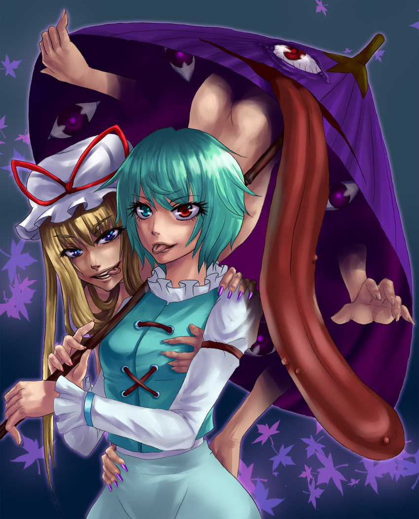 :p arms ass blonde_hair blue_eyes blue_hair chachami_ashu eyes gap hat heart heart-shaped_pupils heterochromia highres imminent_rape karakasa_obake long_hair multiple_girls nude purple_umbrella red_eyes short_hair symbol-shaped_pupils tatara_kogasa tongue tongue_out touhou umbrella yakumo_yukari yuri