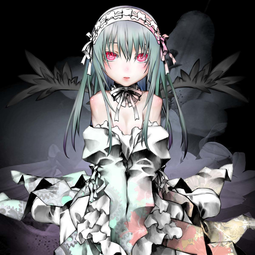 bare_shoulders highres kakashichi long_hair red_eyes rozen_maiden sitting solo suigintou wings