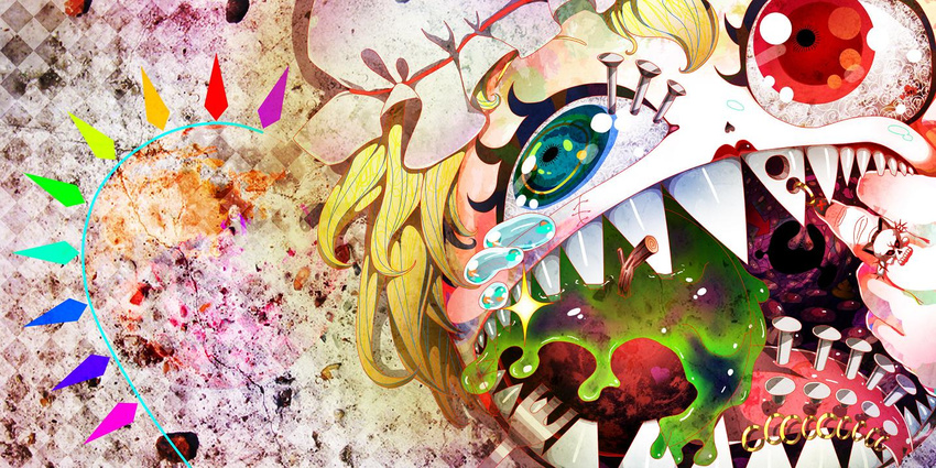 abstract acid_trip album_cover anhiru blonde_hair blue_eyes branch cover eye_piercing fingernails flandre_scarlet fork jewelry middle_finger nail open_mouth piercing red_eyes ring skull slime solo superflat surreal tears teeth tongue tongue_piercing touhou uvula what