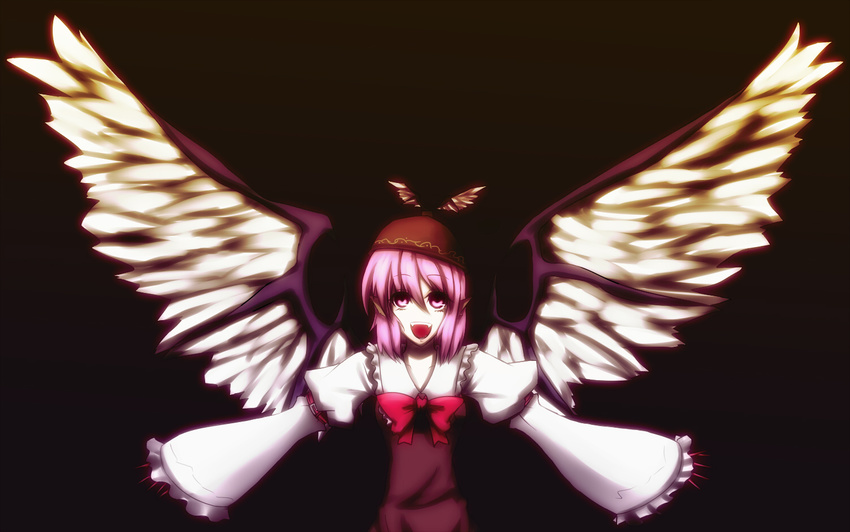 animal_ears asa_inu bow claws dark empty_eyes fangs fingernails hair_bow hat long_fingernails long_sleeves mystia_lorelei no_nose open_mouth outstretched_arms pink_eyes pink_hair ribbon short_hair simple_background solo spread_arms touhou wide_sleeves wings