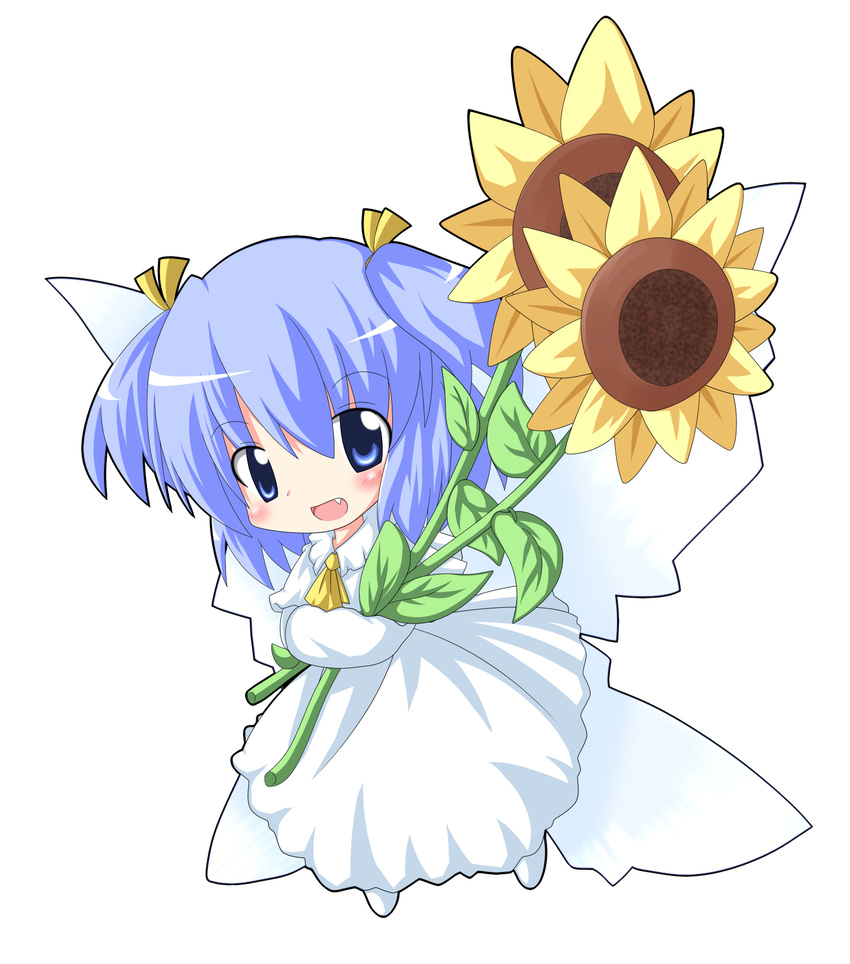 blue_eyes blue_hair blush fairy fang flower full_body highres r_pascal solo sunflower sunflower_fairy touhou transparent_background wings