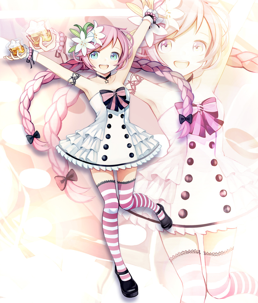 :d alternate_costume arms_up bangs bead_bracelet beads black_bow black_footwear blue_eyes bow bracelet braid buttons choker dress flower frills full_body hair_bow hair_flower hair_ornament highres ice ice_cube jewelry kari_kenji knees_together_feet_apart lace-trimmed_legwear lily_(flower) long_hair looking_at_viewer mary_janes open_mouth pendant pink_hair rana_(vocaloid) shoes smile solo standing standing_on_one_leg star strapless strapless_dress striped striped_bow striped_legwear swept_bangs thighhighs twin_braids very_long_hair vocaloid white_dress white_flower wrist_cuffs zoom_layer