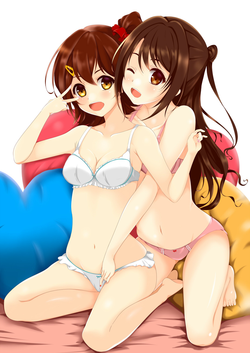 bra breasts brown_eyes brown_hair hair_ornament hairclip highres idolmaster idolmaster_cinderella_girls idolmaster_million_live! kasuga_mirai long_hair medium_breasts multiple_girls navel one_eye_closed one_side_up open_mouth panties shimamura_uzuki smile underwear underwear_only v v_over_eye yuzuyu_(hyui)