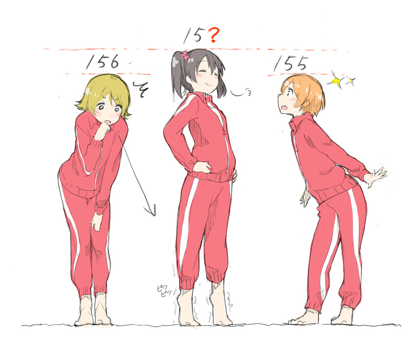 black_hair blonde_hair directional_arrow hand_to_own_mouth hands_on_hips height_chart highres hoshizora_rin kasa_list koizumi_hanayo love_live! love_live!_school_idol_project multiple_girls open_mouth orange_hair short_hair smug sparkle sportswear tiptoes trembling triumph_(expression) twintails white_background yazawa_nico