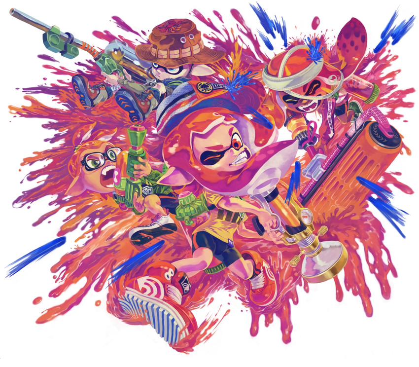 2girls aburaya_tonbi baseball_cap bike_shorts boots carbon_roller_(splatoon) domino_mask e-liter_3k_(splatoon) fangs glasses hat highres ink_tank_(splatoon) inkling long_hair mask multiple_boys multiple_girls one_eye_closed open_mouth paint_roller pointy_ears shoes sneakers splatoon_(series) splatoon_1 splattershot_(splatoon) sploosh-o-matic_(splatoon) super_soaker tentacle_hair