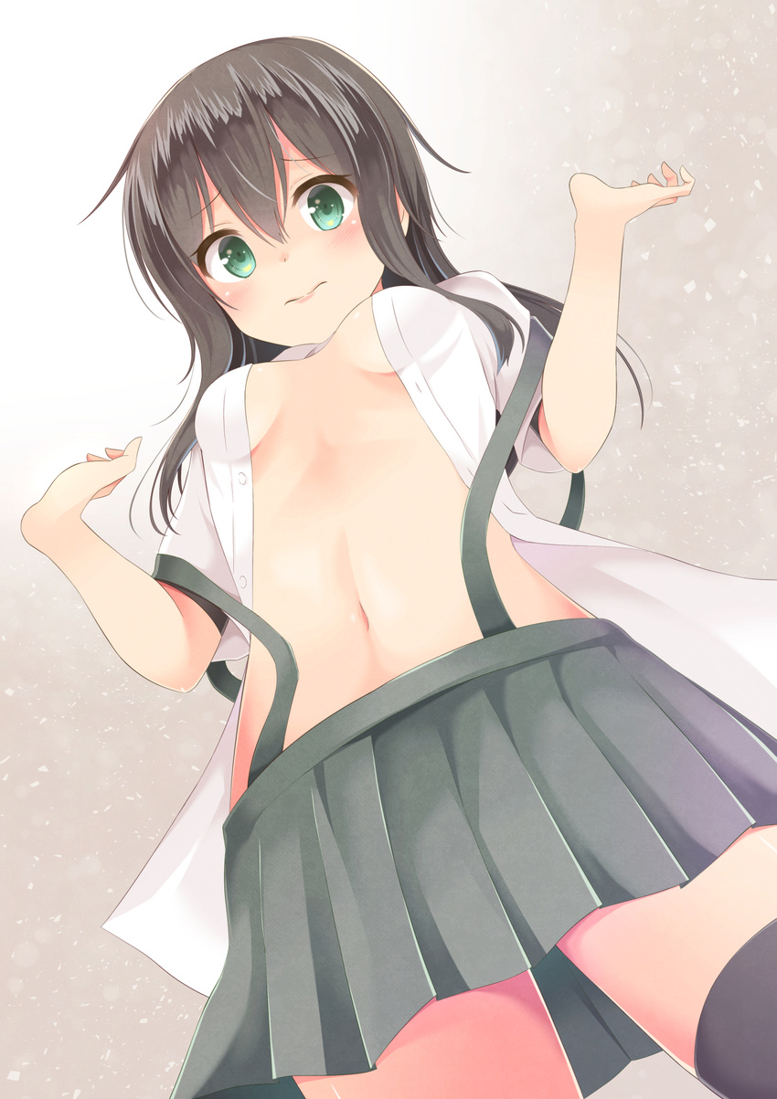 aibumi alternate_eye_color asashio_(kantai_collection) black_hair black_legwear blush breasts from_below green_eyes hair_between_eyes highres kantai_collection long_hair looking_at_viewer looking_down navel open_clothes open_shirt pleated_skirt school_uniform shirt skirt small_breasts solo suspenders thighhighs