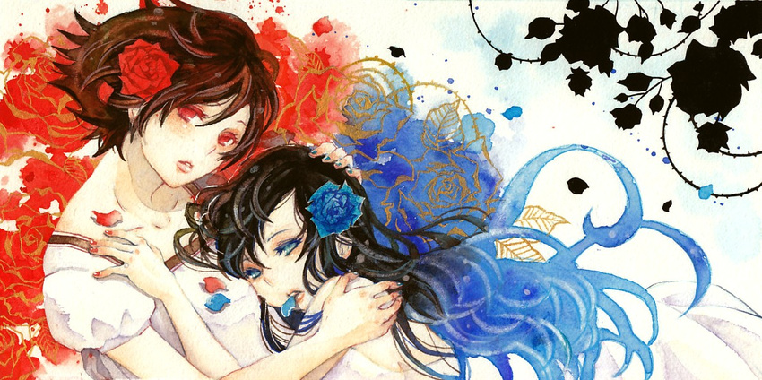 black_hair blood+ blue_eyes blue_flower blue_rose diva_(blood+) dress flower long_hair multiple_girls otonashi_saya petals red_eyes red_flower red_rose rose rose_petals sekinemuro short_hair siblings sisters white_background