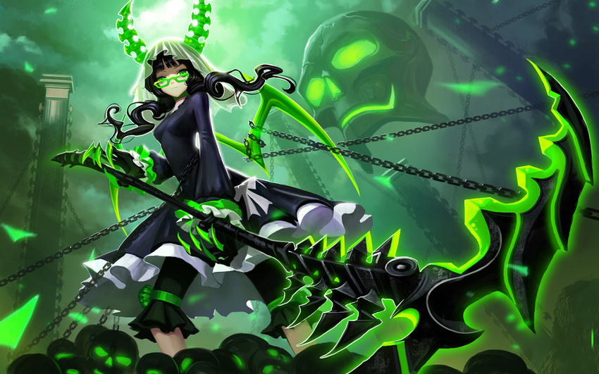 bangs black_dress black_hair black_rock_shooter blunt_bangs breasts bridal_veil chain chained choker claws cloud cloudy_sky commentary_request dead_master dress foreshortening green_eyes holding holding_scythe horns liang_xing long_hair looking_at_viewer ribbon scythe skull sky small_breasts solo tower veil wavy_hair weapon wings