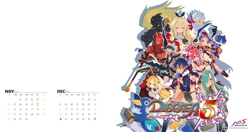 :d absurdres animal bag beads belt between_breasts bird bloodis_(disgaea) bow breasts calendar_(medium) card cat christo_(disgaea) cleavage company_name copyright_name crossed_arms december disgaea everyone glasses gradient green_hair grin groin hair_over_one_eye half-closed_eyes hand_on_own_chest harada_takehito highres holding holding_card horn jewelry killia_(disgaea) liezerota logo long_pointy_ears looking_at_viewer majorita_(disgaea) makai_senki_disgaea_5 medium_breasts midriff multiple_boys multiple_girls necklace november official_art open_mouth penguin pink_hair pocket pointy_ears polearm ponytail prayer_beads prinny red_eyes red_magnus red_skin seraphina_(disgaea) shadow short_hair simple_background small_breasts smile spiked_hair stomach thigh_strap usalia_(disgaea) void_dark_(disgaea) wallpaper weapon white_background white_hair widescreen zeroken_(disgaea)
