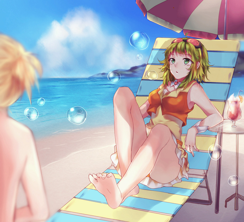 1girl :o ahoge armpits bad_id bad_pixiv_id bangs bare_back bare_legs barefoot beach beach_umbrella blonde_hair blue_sky blurry bubble cloud cocktail collar collared_shirt day deck_chair depth_of_field drink drinking_straw elbow_gloves frilled_skirt frills glass gloves goggles goggles_on_head green_eyes green_hair gumi highres horizon hurricane_glass kagamine_len knees_up lying miniskirt ocean on_back orange_panties orange_skirt orange_vest outdoors panties pantyshot pantyshot_(sitting) parted_lips ponytail qingshui_ai reclining sand shirt shirtless short_hair sitting skirt sky sleeveless sleeveless_shirt soap_bubbles soles solo_focus table tropical_drink umbrella underwear vocaloid water wrist_cuffs yellow_shirt