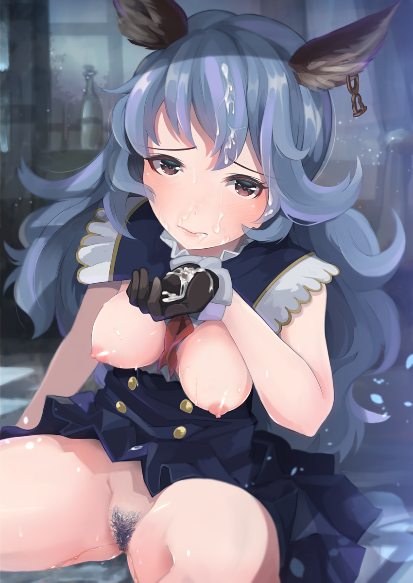 animal_ears bad_id bad_pixiv_id blue_hair breasts brown_eyes cum cum_in_hands cum_on_hair cupping_hand dress erune facial ferry_(granblue_fantasy) gloves granblue_fantasy highres hinoshita_akame large_breasts long_hair nipples no_panties pubic_hair pussy pussy_juice sitting solo