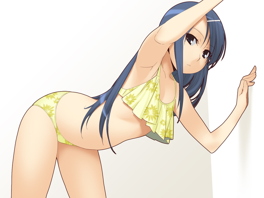 against_wall armpits bent_over bikini blue_eyes blue_hair expressionless flat_chest highres ino long_hair looking_at_viewer mochizuki_nonoka otome_function print_bikini solo swimsuit yellow_bikini