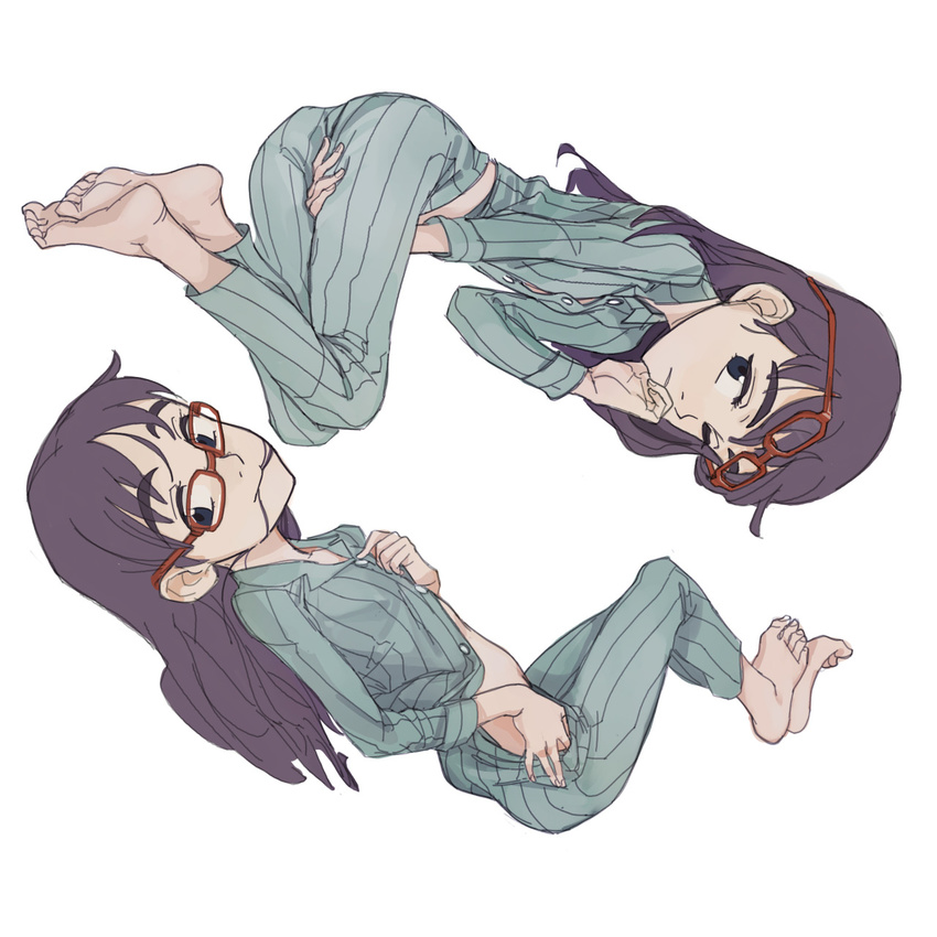 1girl barefoot between_legs eyebrows feet feet_together flat_chest flcl glasses hair_in_mouth hand_between_legs highres long_hair midriff multiple_views ninamori_eri one_eye_closed pajamas purple_hair red-framed_glasses season_(artist) simple_background smile soles striped toes unbuttoning undressing white_background