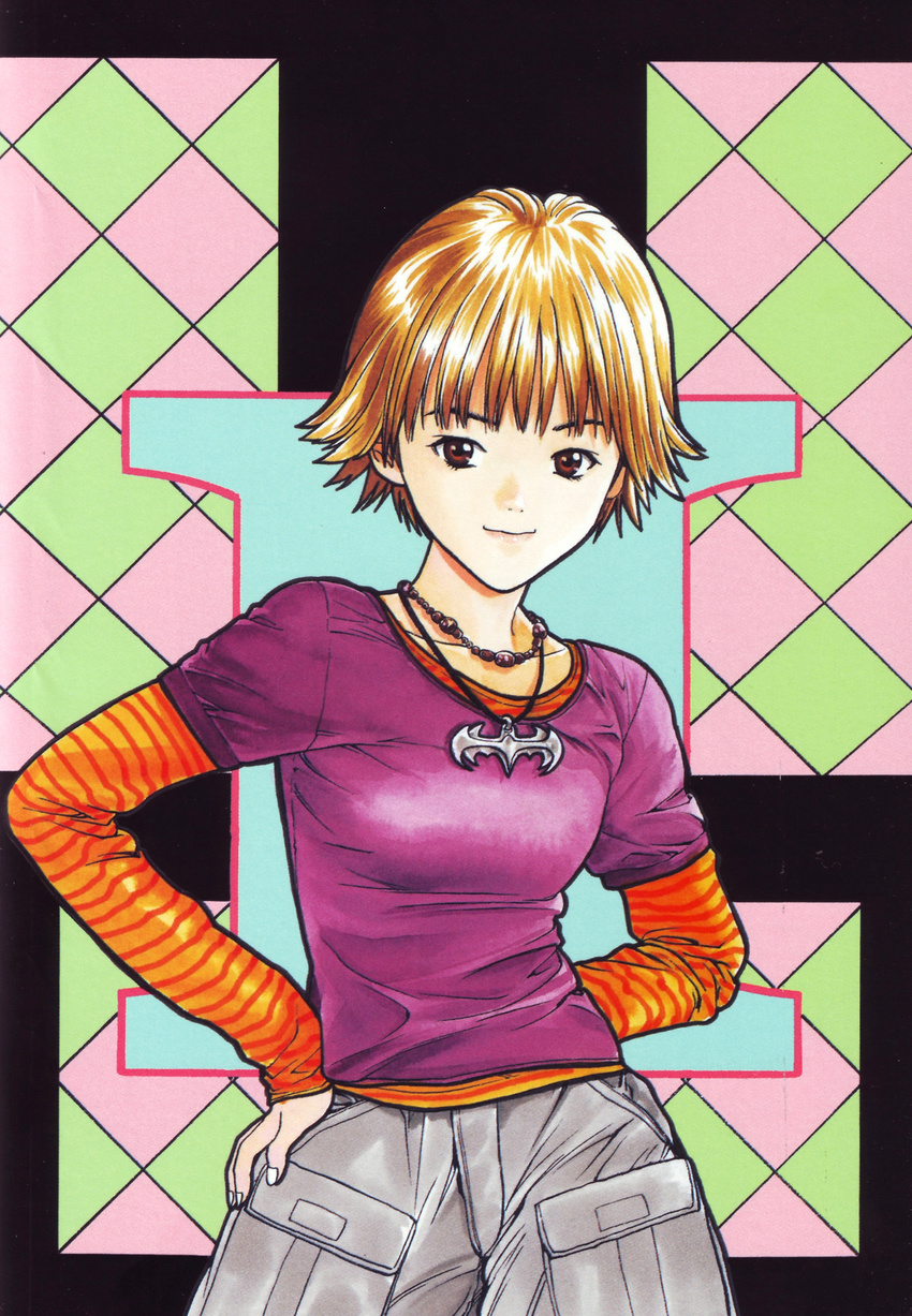 absurdres akiba_itsuki batman_(series) bob_cut brown_eyes brown_hair dc_comics highres i"s jewelry katsura_masakazu lips nail_polish necklace official_art short_hair shorts solo