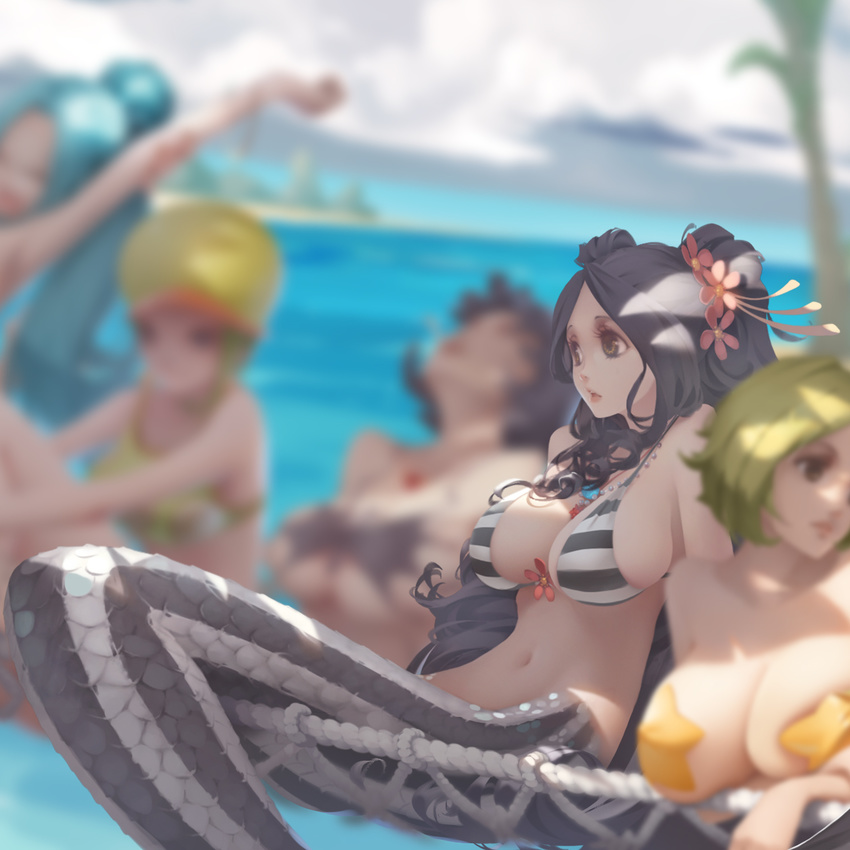 armpits b.bor beach bikini_top black_eyes blonde_hair blue_hair blurry breasts camie cleavage cloud day depth_of_field flower green_hair hair_flower hair_ornament hat highres ishilly jewelry large_breasts long_hair mermaid miss_valentine monster_girl multiple_girls navel necklace nefertari_vivi ocean one_piece outdoors shakuyaku_(one_piece) short_hair sideboob sitting solo_focus starfish striped tree tree_shade