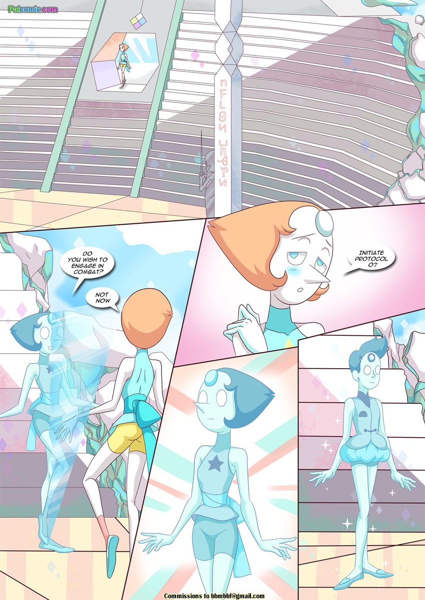 2015 bbmbbf blue_eyes blush clothing comic empty_eyes female gem_(species) hair half-closed_eyes humanoid magic male nervous palcomix pearl_(steven_universe) sex_change short_hair smile steven_universe tan_hair text white_skin