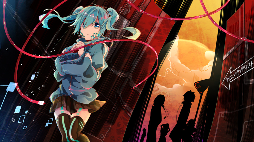 blue_eyes blue_hair cable ene_(kagerou_project) headphones kagerou_project kano_shuuya kido_tsubomi kisaragi_shintarou kozakura_marry long_hair seto_kousuke silhouette solo_focus tears twintails urahinon