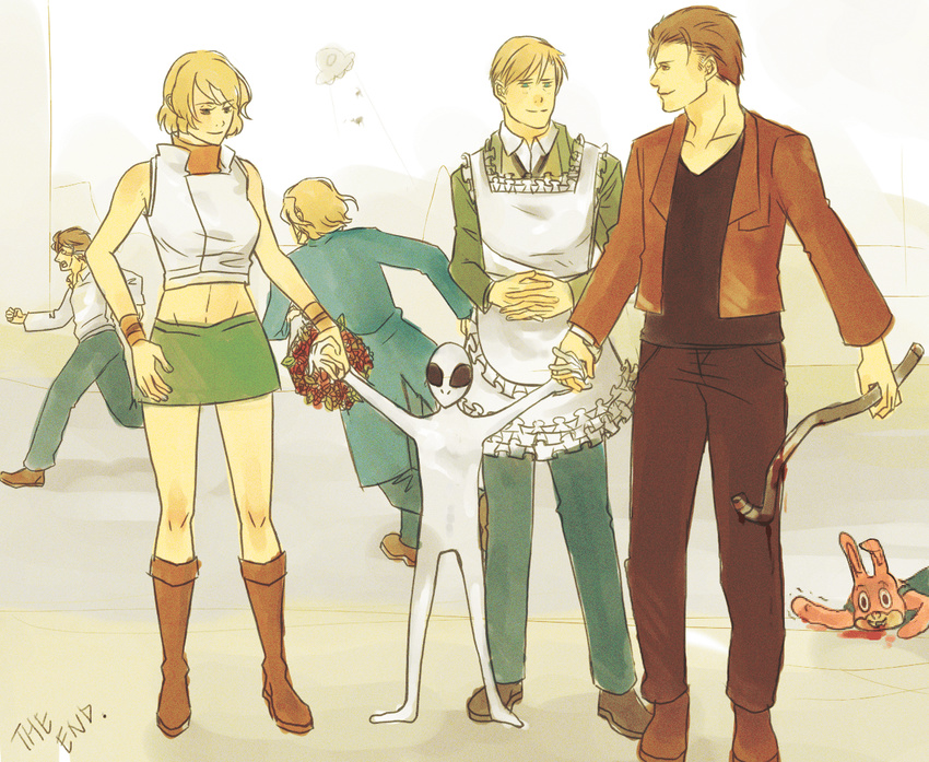 4boys blonde_hair brown_hair captured_alien crossover father_and_daughter harry_mason heather_mason henry_townshend james_sunderland kurosuke_(ac2bk) multiple_boys parody robbie robbie_the_rabbit short_hair silent_hill silent_hill_2 silent_hill_3 walter_sullivan