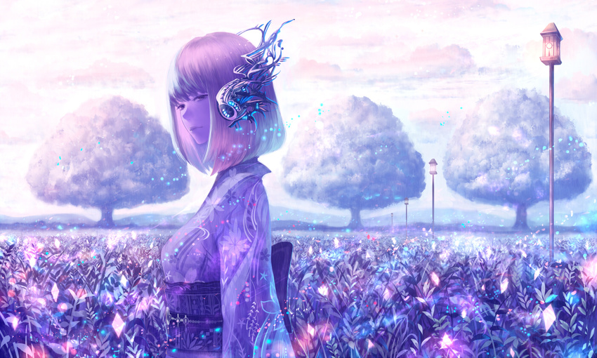 bangs closed_mouth cloud field floral_print flower from_side frown hair_ornament japanese_clothes kimono lamppost obi original outdoors purple purple_flower purple_hair purple_skin sakimori_(hououbds) sash short_hair sky solo tree upper_body