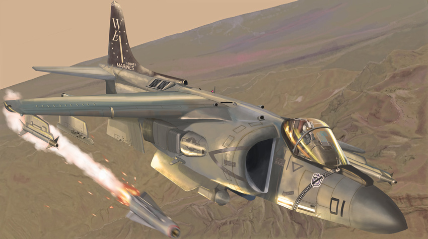 aircraft airplane bad_id bad_pixiv_id battle canopy cockpit firing flying harrier_jump_jet helmet i.t.o_daynamics jet marine_corps missile no_humans pilot real_life realistic