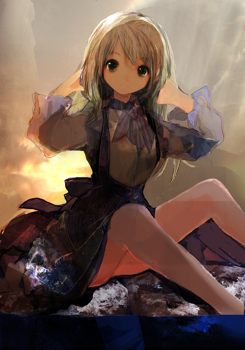 86thunder absurdres bare_legs blonde_hair bow bowtie cravat dress green_eyes hand_in_hair hands_in_hair highres looking_at_viewer original puffy_sleeves rock sitting smile solo