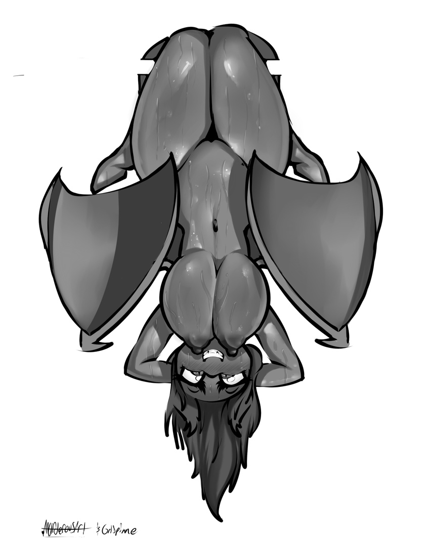 2015 anthro anthrofied bat_pony breasts equine female flutterbat_(mlp) fluttershy_(mlp) friendship_is_magic greyscale grispinne hair hands_behind_head hanging_breasts hi_res looking_at_viewer mammal monochrome murderousart my_little_pony navel nipples nude pussy solo upside_down wings