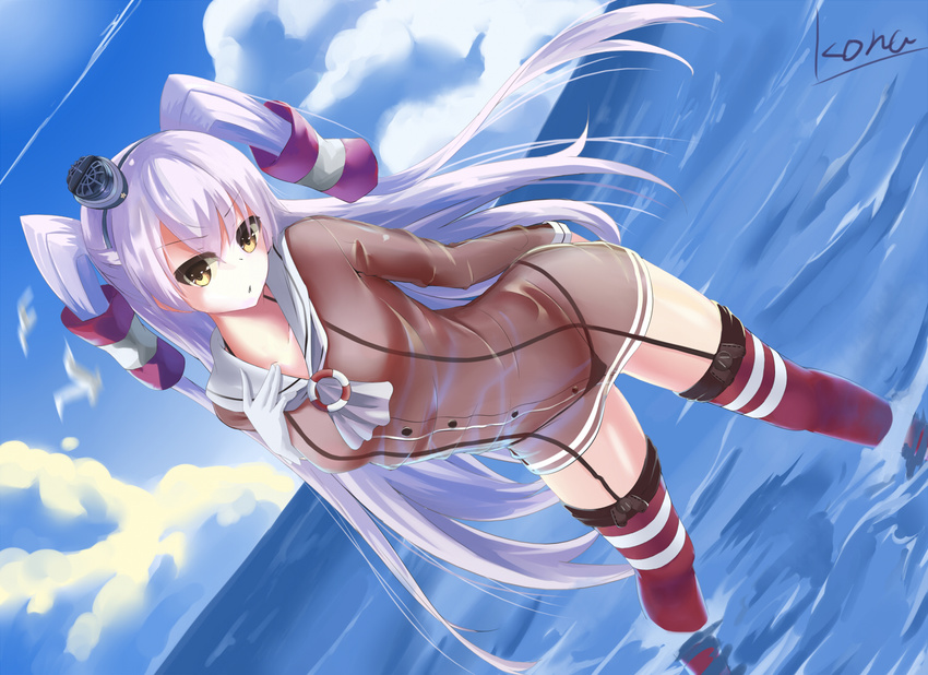 amatsukaze_(kantai_collection) arms_behind_back artist_name black_bikini_bottom blue_sky blush brown_eyes buttons cloud collarbone condensation_trail day dutch_angle hair_tubes hairband hand_on_own_chest hat head_tilt kantai_collection leaning_forward loading_(vkjim0610) long_hair long_sleeves looking_at_viewer md5_mismatch mini_hat ocean red_legwear sailor_collar see-through shiny shiny_skin silver_hair sky solo standing thighhighs two_side_up very_long_hair wading water wet wet_clothes