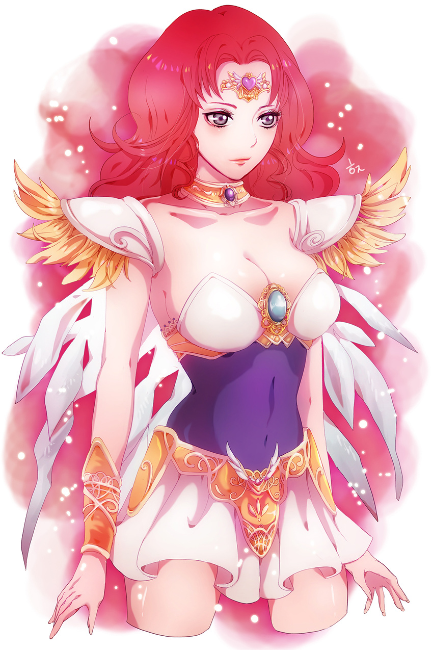 angel_salvia bad_id bad_pixiv_id breasts brooch choker cleavage collarbone covered_navel cowboy_shot expressionless grey_eyes highres jewelry large_breasts magical_girl mamun red_background red_hair scarlet_ohara short_hair shoulder_pads skirt solo tiara wedding_peach white_skirt