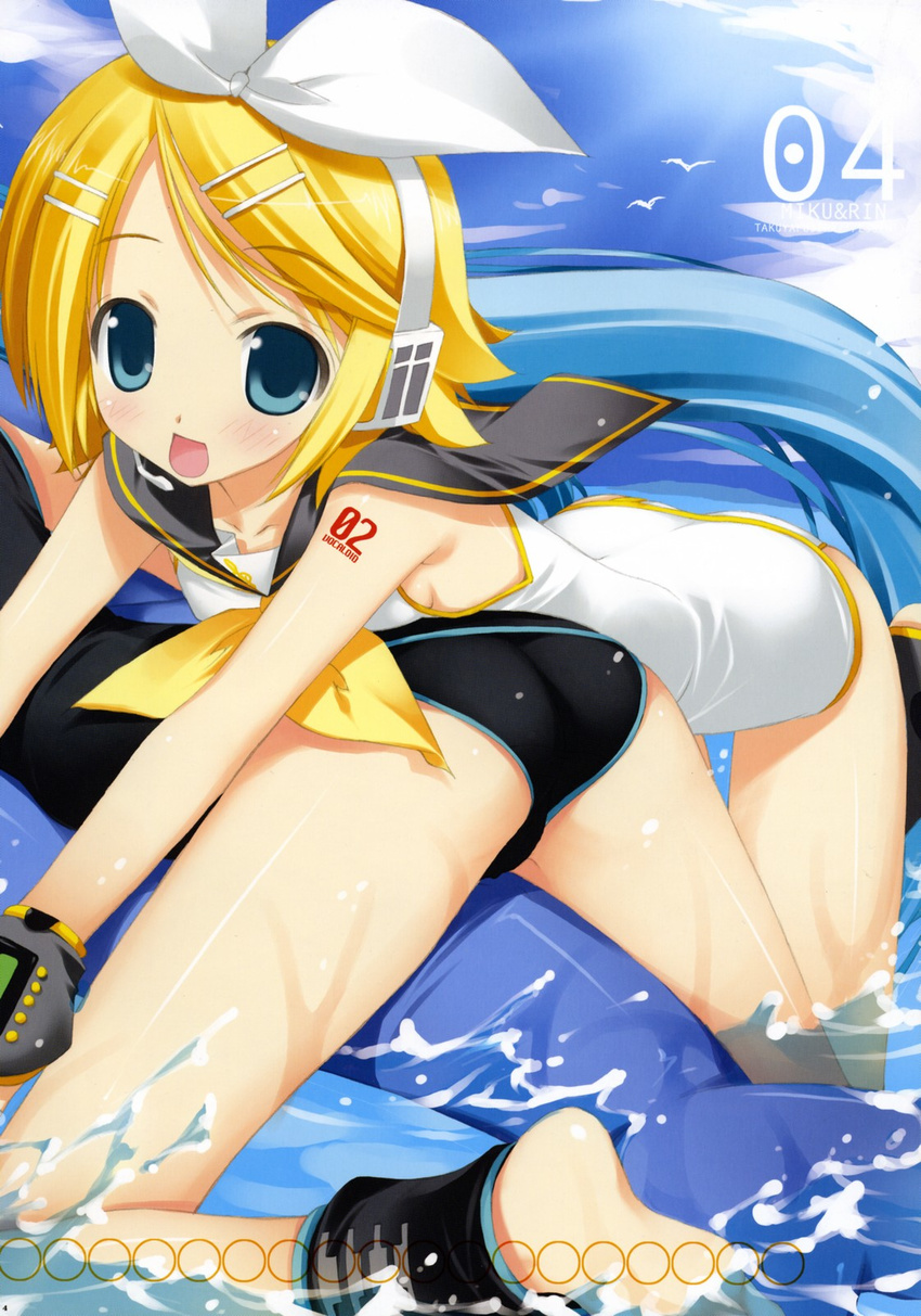 ankle_cuffs anklet blonde_hair fujima_takuya headphones highres jewelry kagamine_rin smile vocaloid