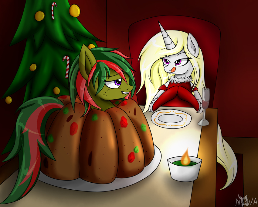 2015 christmas clothed clothing duo earth_pony equine fan_character female fruit_cake hair hat holidays hooves horn horse male mammal my_little_pony novaspark open_mouth per-vore pony tongue tongue_out unicorn