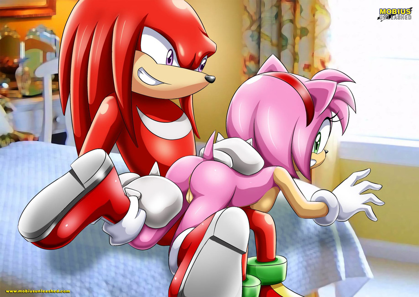 across_lap amy_rose anthro bbmbbf bed breasts butt clothing cute dreadlocks duo echidna female footwear fur gloves green_eyes hair hand_on_back hand_on_thigh hedgehog hi_res imminent_spanking knuckles_the_echidna male male/female mammal mobian_(species) mobius_unleashed monotreme nude palcomix pink_fur pink_hair purple_eyes pussy red_fur shocked shoes short_hair side_boob sitting smile sonic_(series)