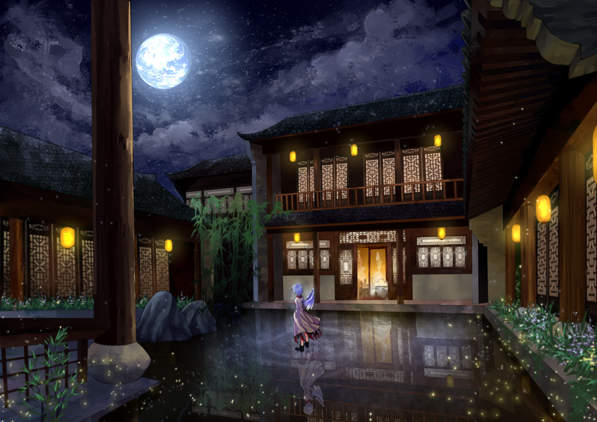 absurdres boots building cloud dress from_behind full_moon highres kishin_sagume ko_kita light_particles long_sleeves moon moonlight night night_sky reflection scenery short_hair silver_hair single_wing sky solo touhou wide_shot wings