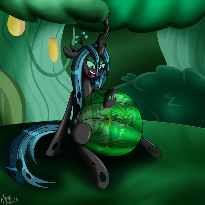 belly big_belly blue_eyes changeling cutie_mark duo ear_piercing equine female forest friendship_is_magic green_eyes hair hooves horn horse male mammal multicolored_hair my_little_pony novaspark open_mouth outside overweight piercing queen_chrysalis_(mlp) slightly_chubby smile solo tongue tongue_out tree two_tone_hair vore wings zebra zecora_(mlp)
