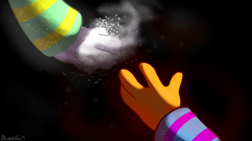 2015 4_fingers ambiguous_gender asriel_dreemurr black_background boss_monster caprine clothing duo fur human male mammal monster orlandofox protagonist_(undertale) reaching simple_background sweater undertale unseen_character video_games white_fur