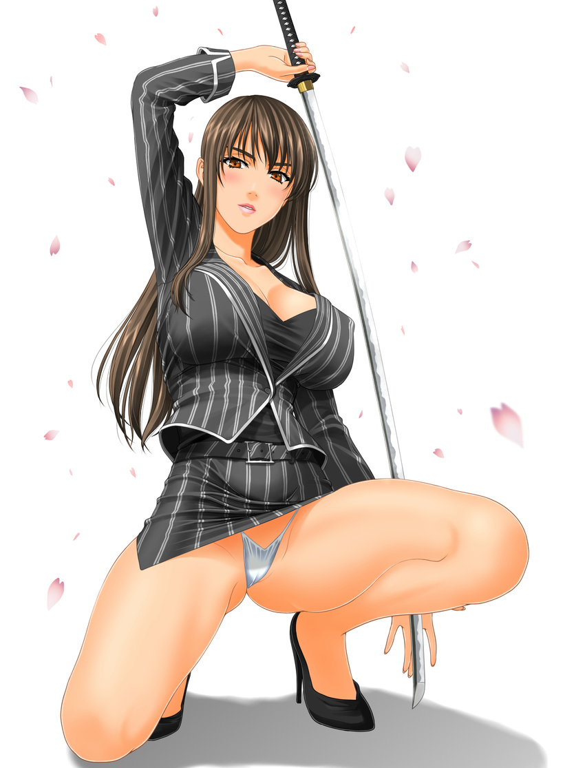arm_up ass bad_id bad_pixiv_id belt blush breasts brown_eyes brown_hair cameltoe cleavage covered_nipples high_heels highleg highres holding holding_sword holding_weapon huge_breasts katana long_hair looking_at_viewer muryuuin_tayun one_knee original panties pantyshot pantyshot_(one_knee) parted_lips pencil_skirt petals skirt solo sword underwear weapon