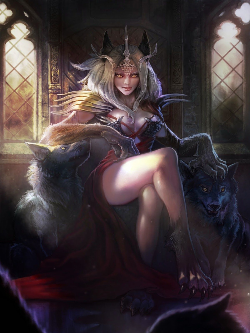 4_toes ambiguous_gender armor barefoot big_breasts blonde_hair body_hair breasts canine claws clothing crossed_legs day detailed digital_media_(artwork) docatto dress female feral fur grey_fur group hair hand_on_head hi_res human humanoid inside light looking_at_viewer looking_up mammal open_mouth pawpads queen red_dress royalty sharp_claws sitting throne tiara toes were werewolf whiskers wolf yellow_eyes