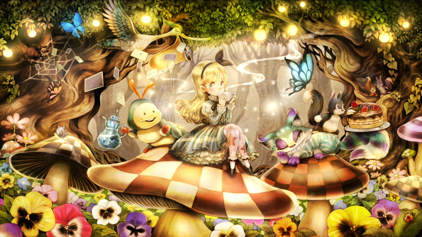alice_(wonderland) alice_in_wonderland bangs bird blonde_hair bug butterfly cake card cat caterpillar caterpillar_(wonderland) cheshire_cat cup flower food grin highres insect long_hair mary_janes mushroom one_eye_closed outdoors pantyhose playing_card shoes sitting smile snail spider star steam sui_(petit_comet) teacup teapot tree