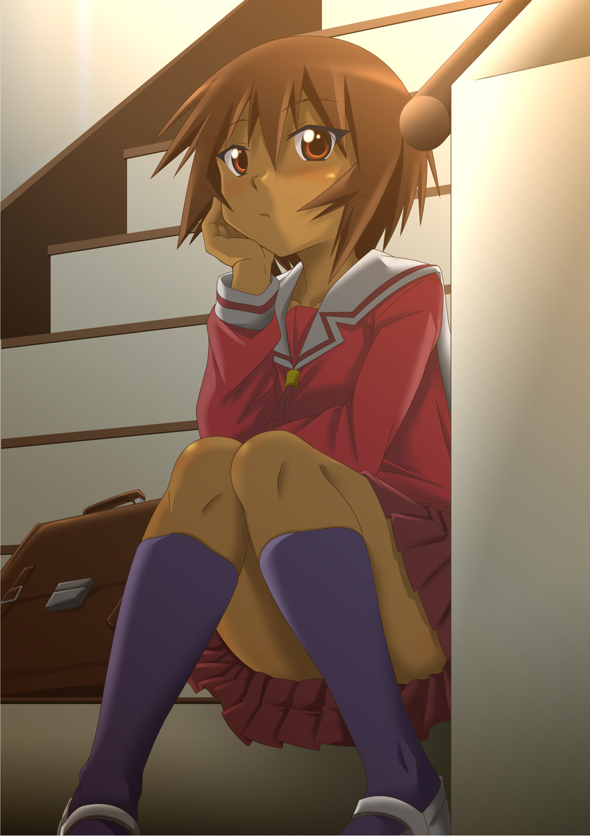 azumanga_daiou blush briefcase brown_eyes brown_hair commentary_request convenient_leg dark_skin head_rest highres kagura_(azumanga_daiou) looking_at_viewer school_uniform shoes short_hair sitting sitting_on_stairs socks solo stairs tan tatsuya_(guild_plus) tsurime