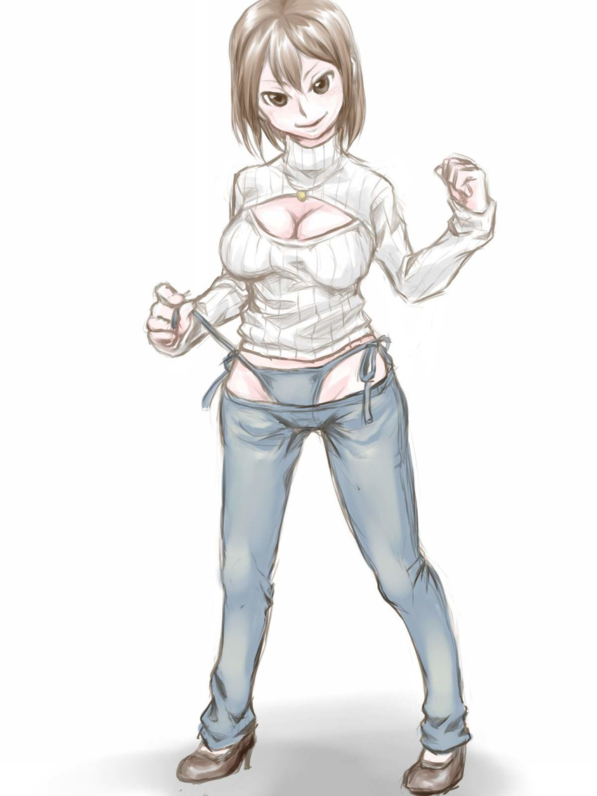 bikini_jeans breasts brown_eyes brown_hair cleavage cleavage_cutout clenched_hand denim fuku_(mahoeshi) full_body high_heels highres jeans jewelry large_breasts lowleg lowleg_pants meme_attire necklace open-chest_sweater original pants pendant ribbed_sweater short_hair sketch smile solo sweater turtleneck untying white_background