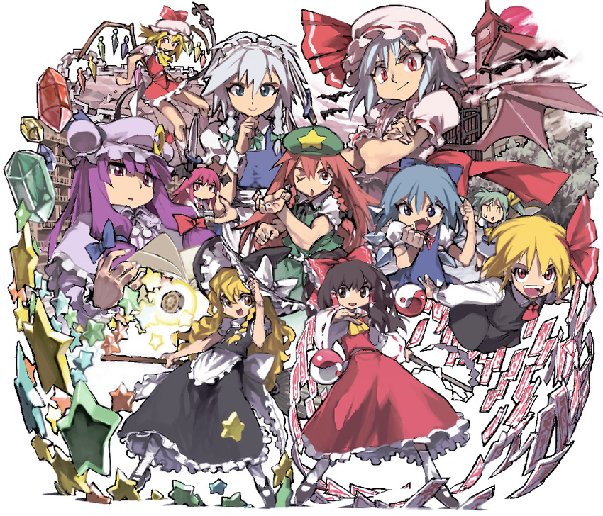 alternate_eye_color apron ascot bat bat_wings beret black_footwear black_hair black_skirt black_vest blonde_hair blue_dress blue_eyes blue_hair book book_stack bow braid broom brown_eyes capelet chain chinese_clothes cirno clenched_hands cloud crescent crescent_moon_pin crossed_arms crystal daiyousei demon_wings detached_sleeves dress fairy_wings fang fighting_stance finger_to_chin fingernails flandre_scarlet frilled_dress frills glowing glowing_weapon gohei green_hair green_skirt hair_bow hair_ribbon hakurei_reimu hand_on_headwear hat hat_bow holding holding_book holding_broom hong_meiling ice ice_wings kirisame_marisa knife koakuma laevatein legs library light_frown long_hair long_skirt long_sleeves looking_at_viewer maid maid_apron maid_headdress mini-hakkero misty_lake mob_cap moon multiple_girls no_mouth one_eye_closed open_book open_mouth outstretched_arms patchouli_knowledge pink_shirt pink_skirt pose puffy_short_sleeves puffy_sleeves purple_dress purple_eyes purple_hair red_eyes red_hair red_moon red_skirt remilia_scarlet ribbon ribbon-trimmed_clothes ribbon-trimmed_sleeves ribbon_trim rumia scarlet_devil_mansion shaded_face sharp_fingernails sharp_teeth shirt shoes short_hair short_sleeves side_ponytail silver_hair single_braid skirt smile socks stance star striped striped_dress sweatdrop talisman tangzhuang teeth the_embodiment_of_scarlet_devil tongue touhou tree tress_ribbon twin_braids very_long_hair vest voile weapon white_legwear white_shirt wide_sleeves wings witch_hat worried wrist_cuffs yellow_eyes yin_yang ysk!