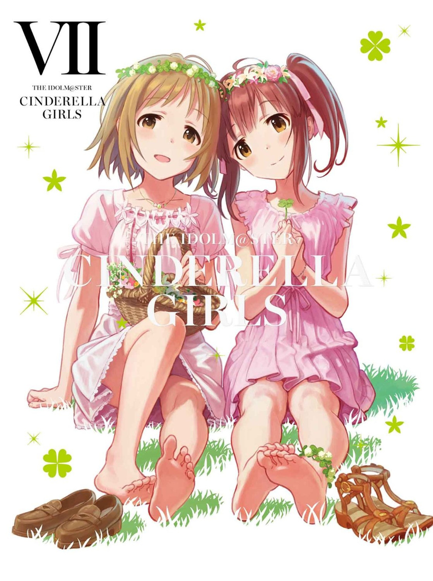 album_cover artist_request barefoot basket brown_hair clover copyright_name cover dress dvd_cover feet flower_wreath four-leaf_clover head_to_head head_wreath highres idolmaster idolmaster_cinderella_girls light_brown_hair looking_at_viewer mimura_kanako multiple_girls official_art ogata_chieri shoes_removed short_hair smile twintails