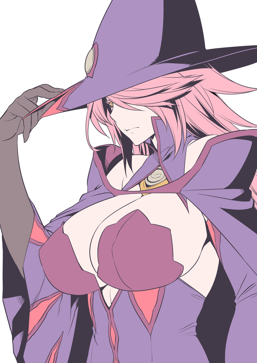 bangs bare_shoulders black_gloves blazblue blazblue:_central_fiction breasts cape center_opening cleavage colored_eyelashes detached_collar detached_sleeves dress elbow_gloves flat_color from_side gloves hair_over_one_eye hand_on_headwear hand_up hat highres konoe_a_mercury large_breasts long_hair long_sleeves looking_to_the_side pink_hair purple_cape purple_dress sideboob simple_background solo strapless strapless_dress swept_bangs turtleneck unpokotan upper_body white_background wide_sleeves witch_hat yellow_eyes
