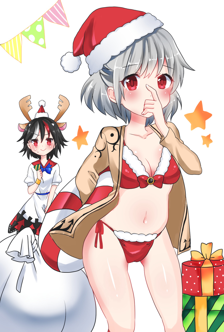 alternate_costume antlers arm_behind_back bad_id bad_pixiv_id bag belly bikini blush box breasts chako_(chakoxxx) christmas cleavage clenched_hand contrapposto covering_mouth dress fur-trimmed_bikini fur_trim gift gift_box half_updo hand_on_own_face hat highres horns innertube kijin_seija kishin_sagume layered_dress looking_at_viewer medium_breasts multicolored_hair multiple_girls navel open_clothes open_shirt pennant red_eyes reindeer_antlers santa_hat shirt short_hair side-tie_bikini silver_hair simple_background smile standing star streaked_hair string_of_flags sweat swimsuit touhou white_background