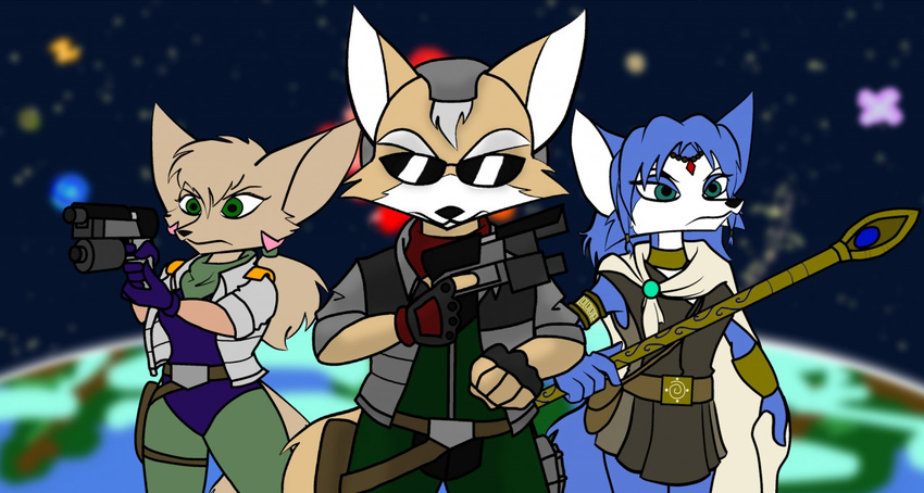 anthro belt blue_fur blue_hair brown_fur canine cape clothing eyewear fara_phoenix female fennec fox fox_mccloud fur gathion gem green_eyes group gun hair hair_ornament handgun jacket jewelry krystal male mammal nintendo planet ranged_weapon staff star_fox sunglasses video_games weapon white_fur