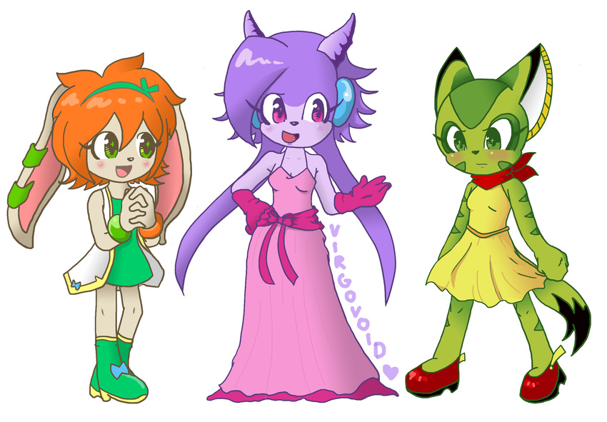 &lt;3 anthro breasts canine carol_tea clothed clothing cream_fur dog dragon dress feline female freedom_planet fur gloves green_eyes green_fur group hair hi_res mammal milla_basset orange_hair purple_scales sash_lilac scales simple_background video_games virgovoid white_background wildcat