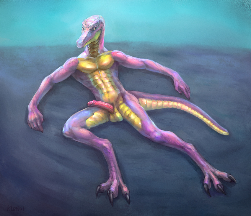 2015 abs anthro athletic balls claws erection hi_res humanoid_penis klongi lizard looking_at_viewer lying male muscular nude pecs penis pink_scales reptile scales scalie simple_background solo