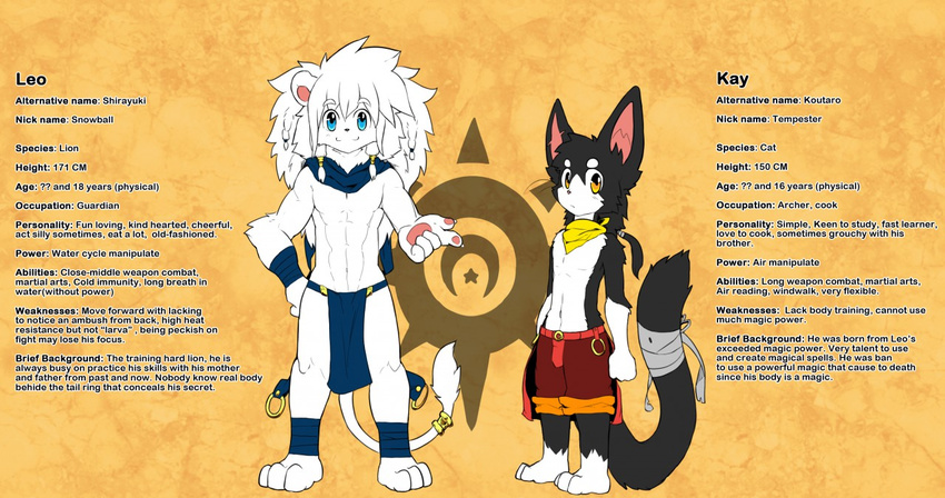 abs anthro arm_wraps athletic barefoot cat clothed clothing english_text feline front_view half-dressed hand_on_hip kay_(whiteleo) leo_(whiteleo) lion loincloth male mammal mane model_sheet navel neckerchief pawpads reaching_towards_viewer shorts standing text topless whiteleo young