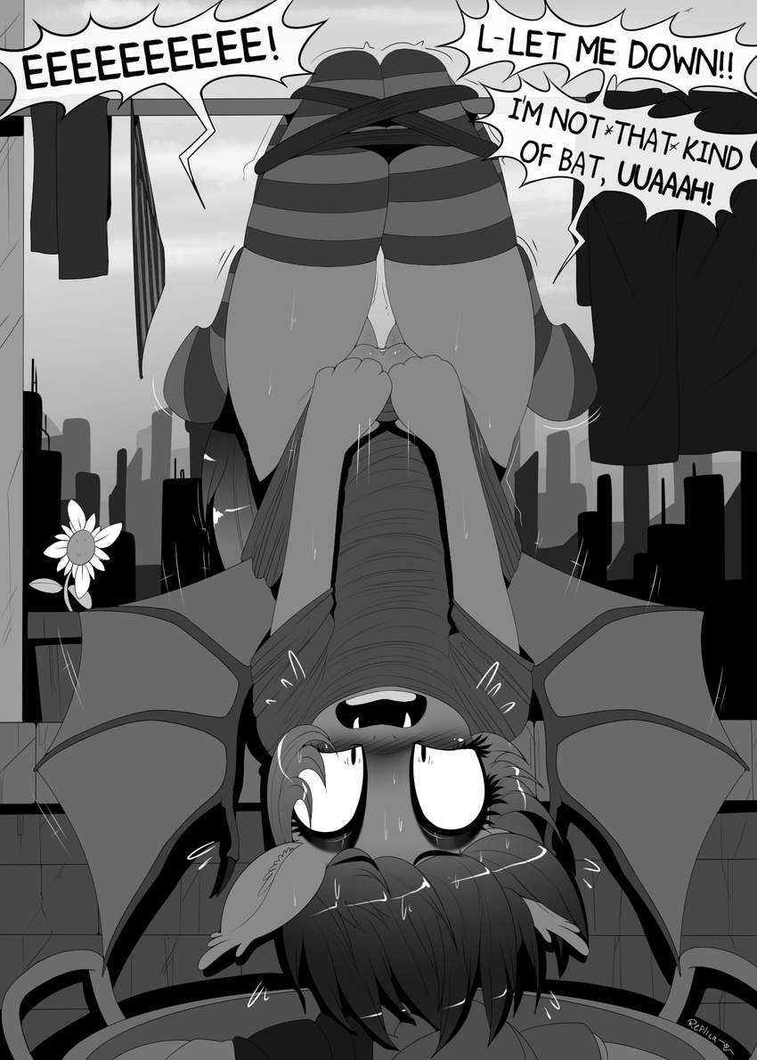 2015 anthro bat_pony bdsm blush bondage bottomless bound clothed clothing english_text fan_character fangs female half-dressed hi_res hooves legwear my_little_pony nolegs_(oc) open_mouth outside pussy replica_(artist) rope socks solo suspension sweat teeth text thigh_highs upside_down wings