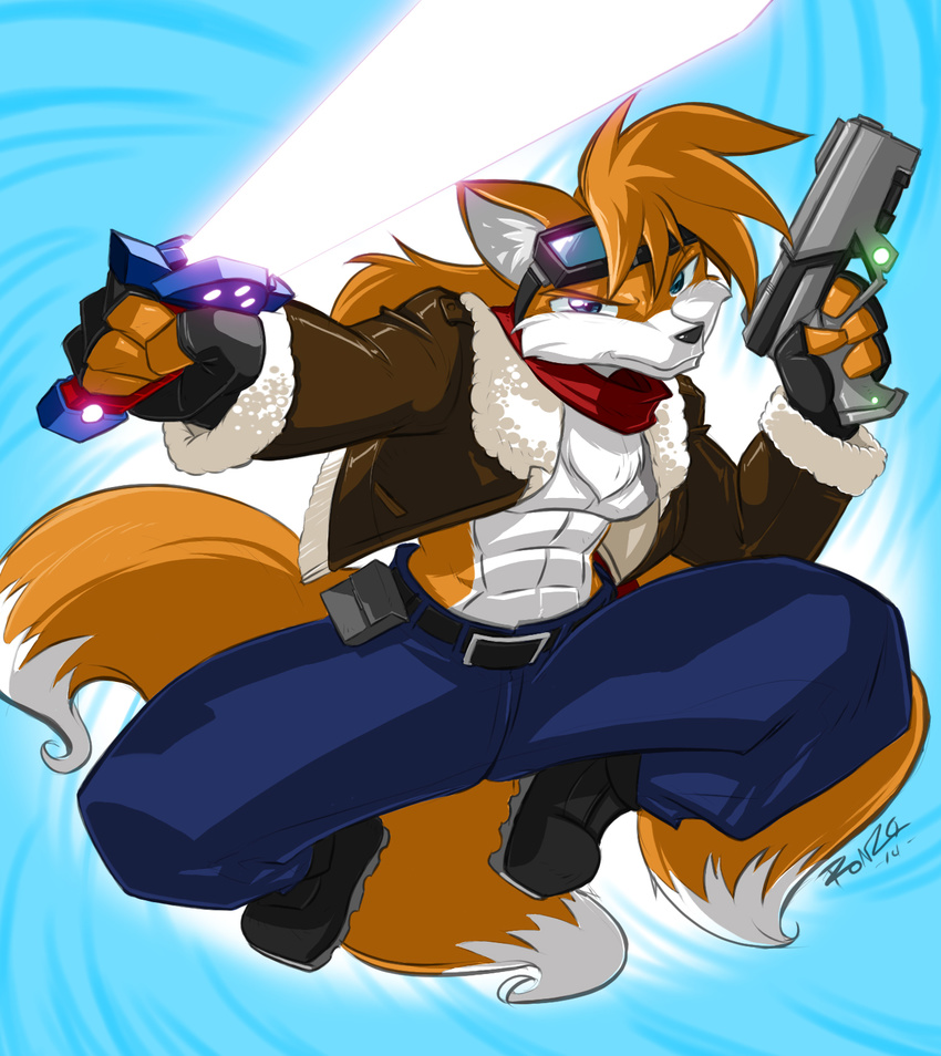 4_fingers abs abstract_background aged_up belt blue_eyes boots canine clothed clothing energy_sword eyewear fingerless_gloves flight_jacket footwear fox gloves goggles gun half-dressed handgun hi_res jumping looking_at_viewer male mammal manly melee_weapon miles_prower multiple_tails muscular open_jacket pants pilot pistol ranged_weapon scarf sheepskin shonuff44 simple_background solo sonic_(series) sword topless weapon